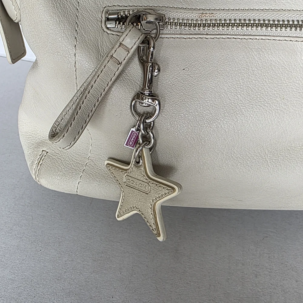 COACH Pebbled Leather Shoulder Bag with Tassel Charm Cream Color - Picture 6 of 7